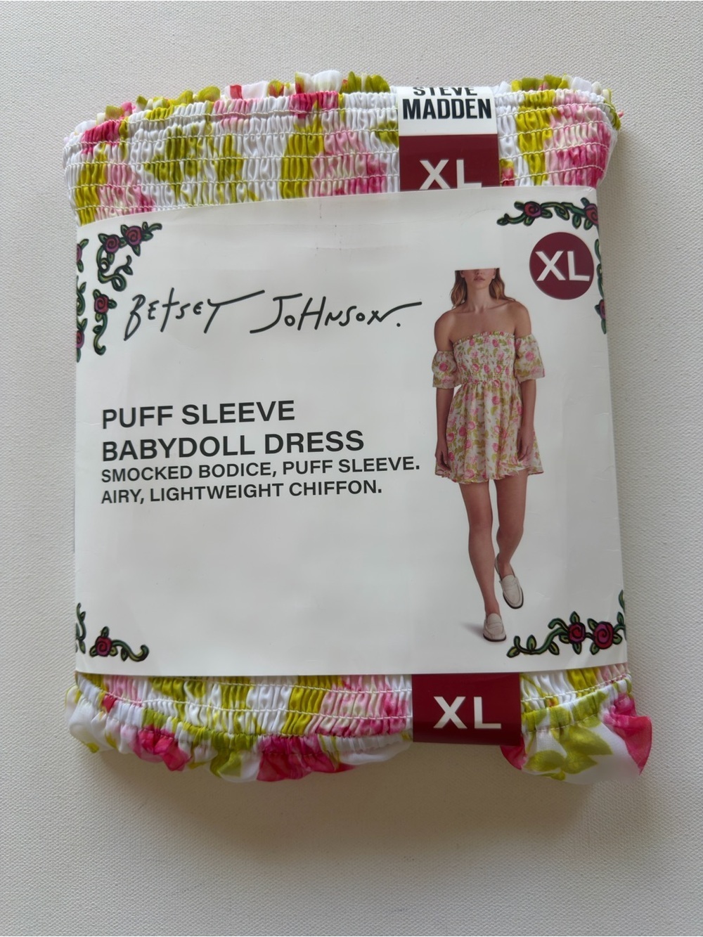 NWT Women's Betsey Johnson Puff Sleeve Babydoll Dress White Pink & Lime Size XL
